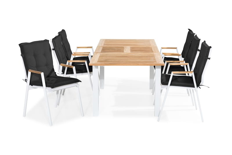 Spisegruppe Las Vegas 152-210x90 + 6 Karmstoler m Pute - Hvit|Teak|Svart - Hagemøbler & utemiljø - Hagegruppe - Spisegrupper hage