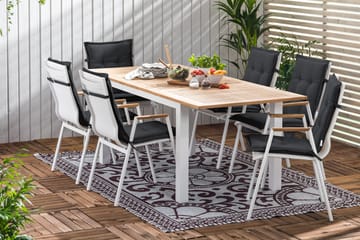Spisegruppe Las Vegas 152-210x90 + 6 Karmstoler m Pute - Hvit|Teak|Svart - Hagemøbler & utemiljø - Hagegruppe - Spisegrupper hage