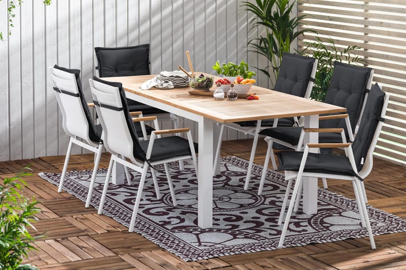 Spisegruppe Las Vegas 152-210x90 + 6 Karmstoler m Pute - Hvit|Teak|Svart - Hagemøbler & utemiljø - Hagegruppe - Spisegrupper hage