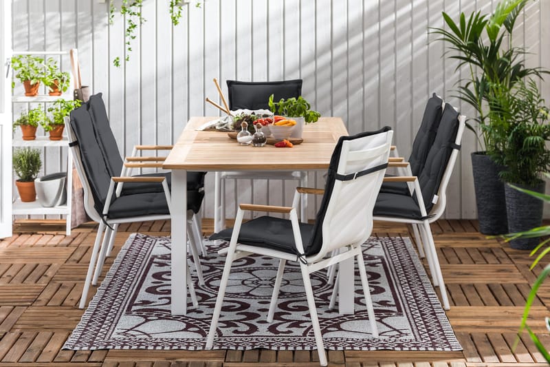 Spisegruppe Las Vegas 152-210x90 + 6 Karmstoler m Pute - Hvit|Teak|Svart - Hagemøbler & utemiljø - Hagegruppe - Spisegrupper hage