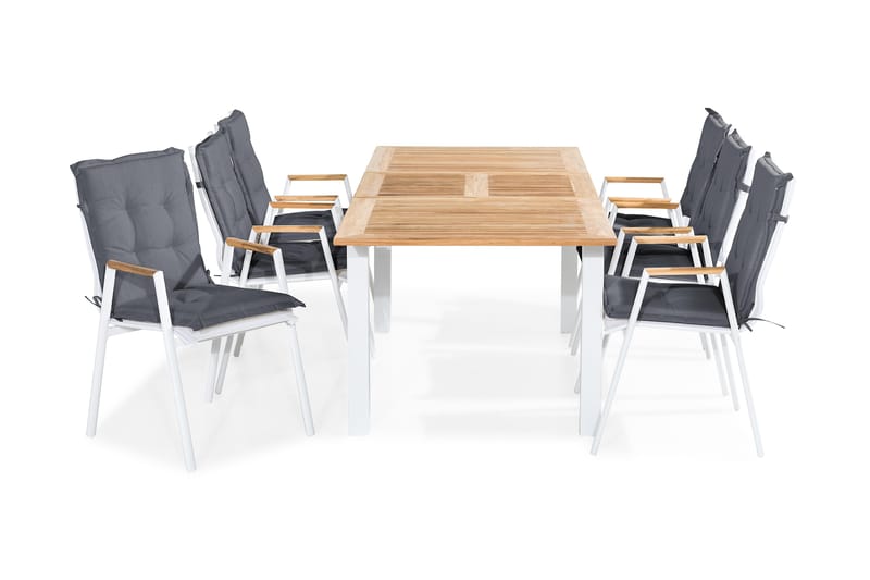 Spisegruppe Las Vegas 152-210x90 + 6 Karmstoler m Pute - Hvit|Teak|Grå - Hagemøbler & utemiljø - Hagegruppe - Spisegrupper hage