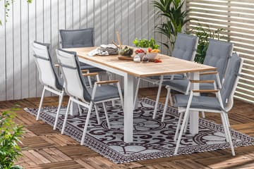 Spisegruppe Las Vegas 152-210x90 + 6 Karmstoler m Pute - Hvit|Teak|Grå - Hagemøbler & utemiljø - Hagegruppe - Spisegrupper hage