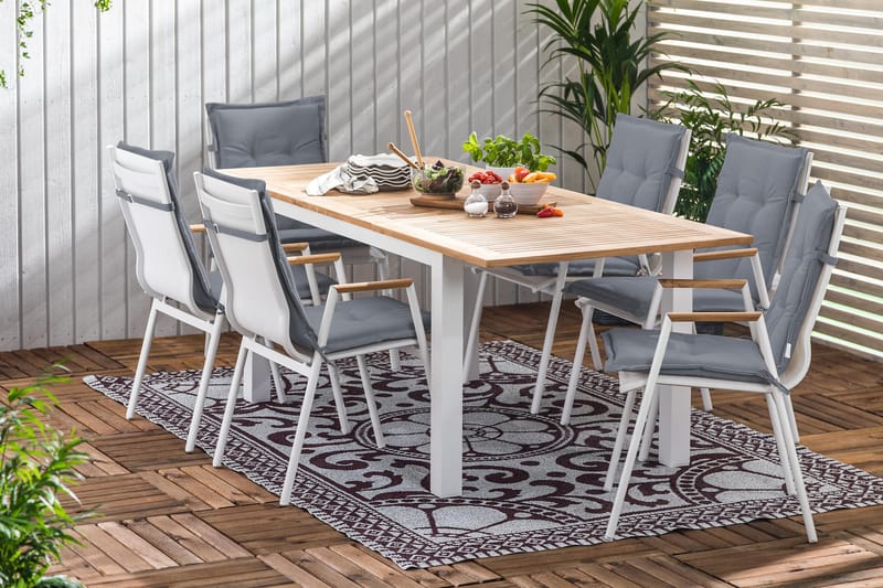 Spisegruppe Las Vegas 152-210x90 + 6 Karmstoler m Pute - Hvit|Teak|Grå - Hagemøbler & utemiljø - Hagegruppe - Spisegrupper hage