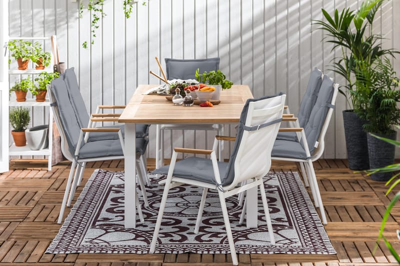 Spisegruppe Las Vegas 152-210x90 + 6 Karmstoler m Pute - Hvit|Teak|Grå - Hagemøbler & utemiljø - Hagegruppe - Spisegrupper hage