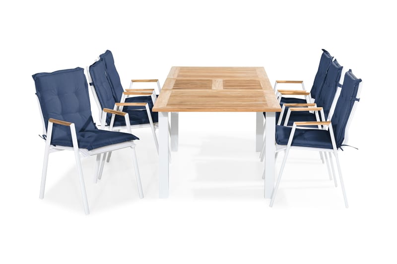 Spisegruppe Las Vegas 152-210x90 + 6 Karmstoler m Pute - Hvit|Teak|Blå - Hagemøbler & utemiljø - Hagegruppe - Spisegrupper hage