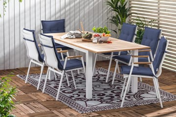Spisegruppe Las Vegas 152-210x90 + 6 Karmstoler m Pute - Hvit|Teak|Blå - Hagemøbler & utemiljø - Hagegruppe - Spisegrupper hage