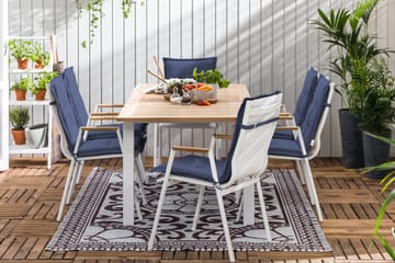 Spisegruppe Las Vegas 152-210x90 + 6 Karmstoler m Pute - Hvit|Teak|Blå - Hagemøbler & utemiljø - Hagegruppe - Spisegrupper hage
