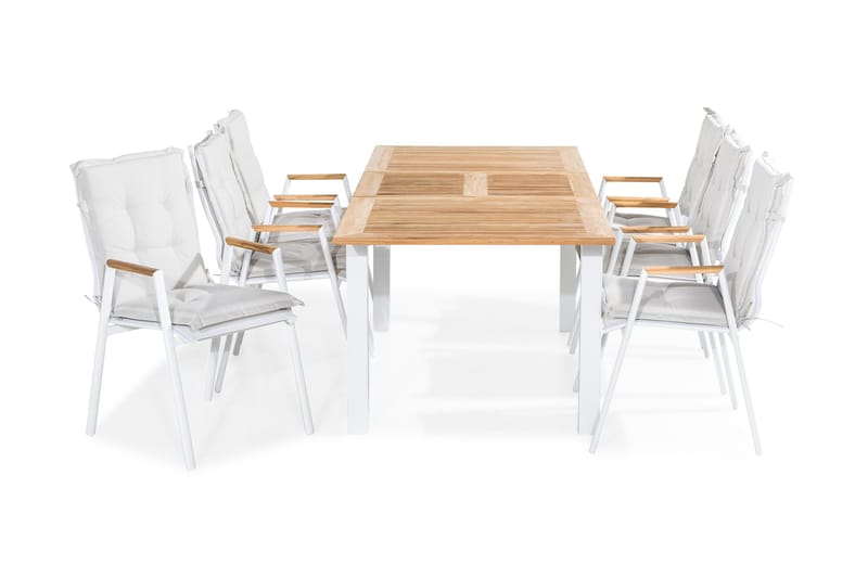 Spisegruppe Las Vegas 152-210x90 + 6 Karmstoler m Pute, Hvit|Teak