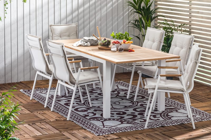 Spisegruppe Las Vegas 152-210x90 + 6 Karmstoler m Pute - Hvit|Teak - Hagemøbler & utemiljø - Hagegruppe - Spisegrupper hage