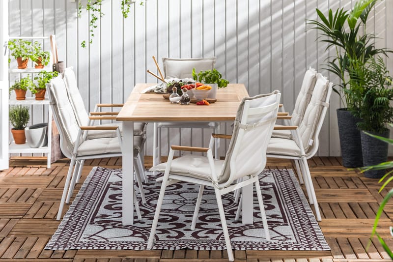 Spisegruppe Las Vegas 152-210x90 + 6 Karmstoler m Pute - Hvit|Teak - Hagemøbler & utemiljø - Hagegruppe - Spisegrupper hage
