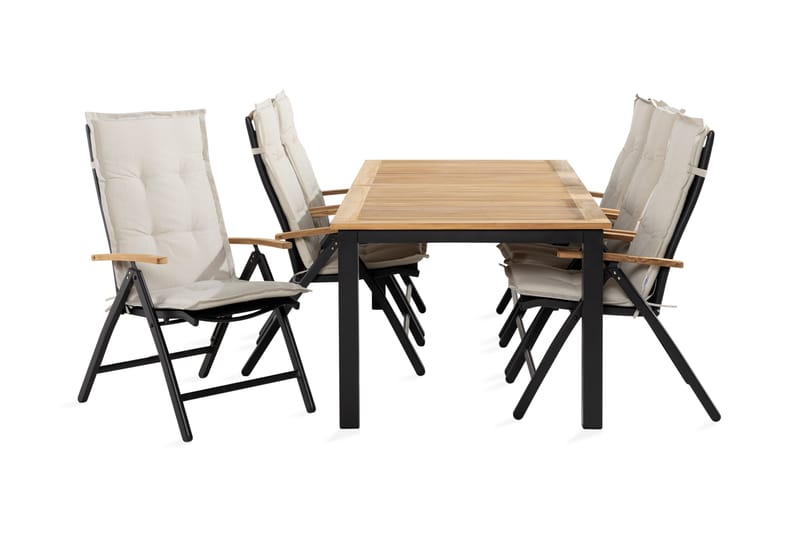 Spisegruppe Las Vegas 152-210x90 + 6 Stoler m Pute, Svart|Teak|Hvit