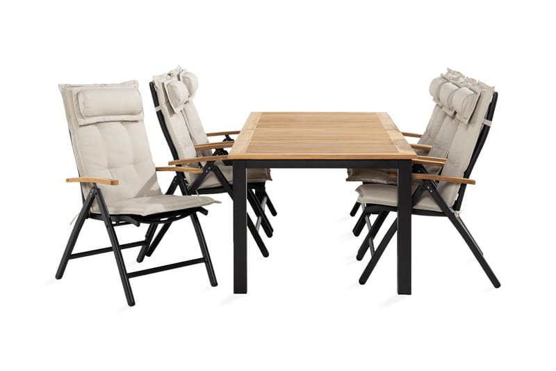 Spisegruppe Las Vegas 90x152-210+6 Stolar +Pute, Svart|Teak|Offwhite