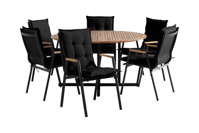 Spisegruppe Lines + 6 Las Vegas Karmstoler m Pute - Svart|Teak - Spisegrupper hage