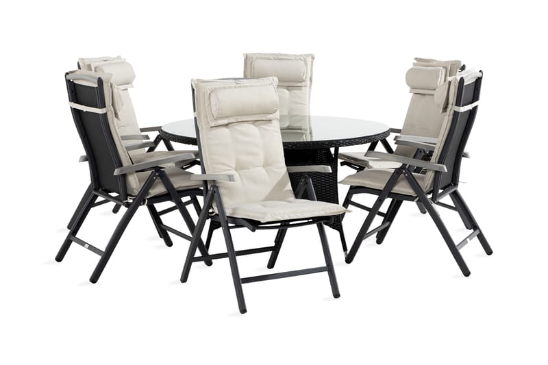 Spisegruppe Thor 140 Rund+6 Monaco Stoler m Pute - Svart|Grå|Offwhite - Hagemøbler & utemiljø - Hagegruppe - Spisegrupper hage