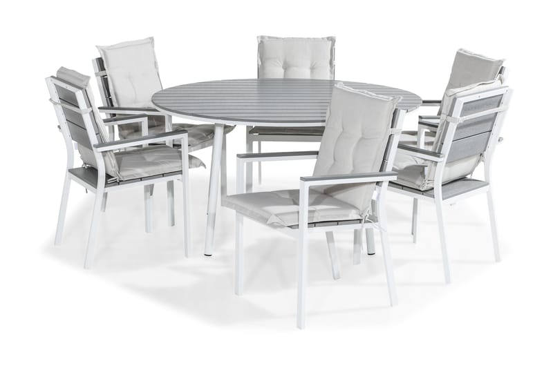Spisegruppe Tunis 140 Rund + 6 Tunis Stablestol m Pute - Hvit|Grå|Offwhite - Hagemøbler & utemiljø - Hagegruppe - Spisegrupper hage