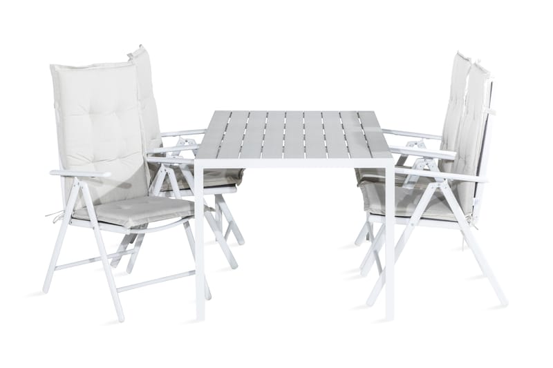 Spisegruppe Tunis 150x90 + 4 Maggie Posisjonsstol m Pute - Hvit|Grå|Offwhite - Hagemøbler & utemiljø - Hagegruppe - Spisegrupper hage