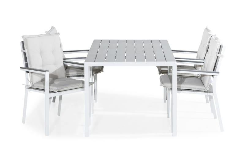 Spisegruppe Tunis 150x90 + 4 Tunis Stablestol m Pute, Hvit|Grå|Offwhite