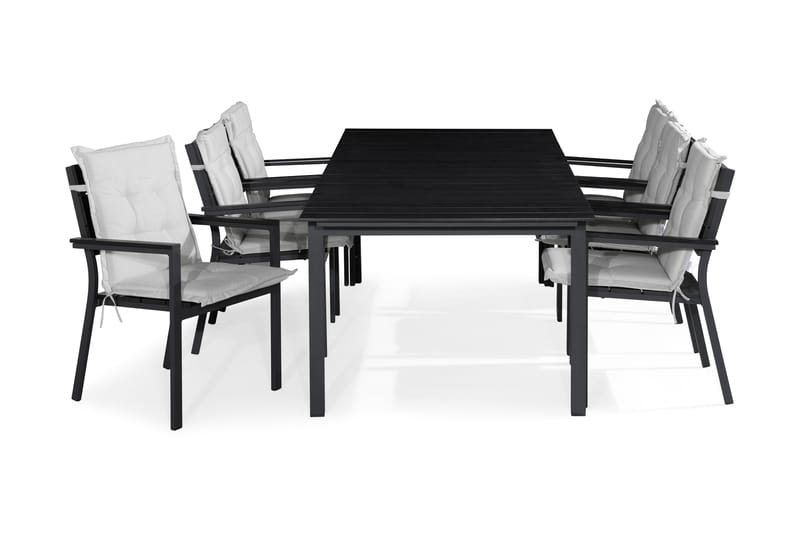 Spisegruppe Tunis 205x90 + 6 Tunis Stablestol m Pute, Svart|Offwhite