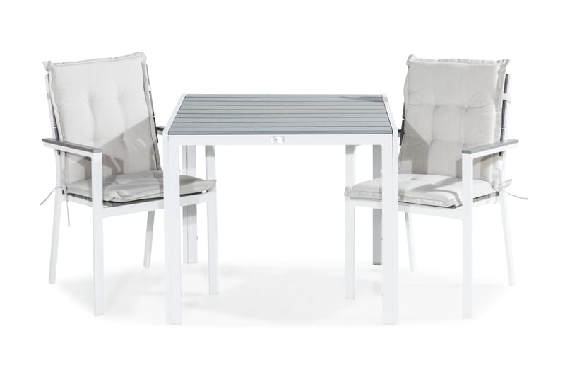 Spisegruppe Tunis 90x90 + 2 Tunis Stablestol m Pute - Hvit|Grå|Offwhite - Hagemøbler & utemiljø - Hagegruppe - Spisegrupper hage
