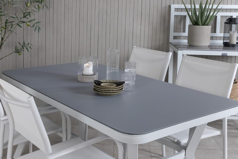 Spisegruppe Virya 160cm + 4 Santorini Karmstoler Hvit/grå - Venture Home - Spisegrupper hage