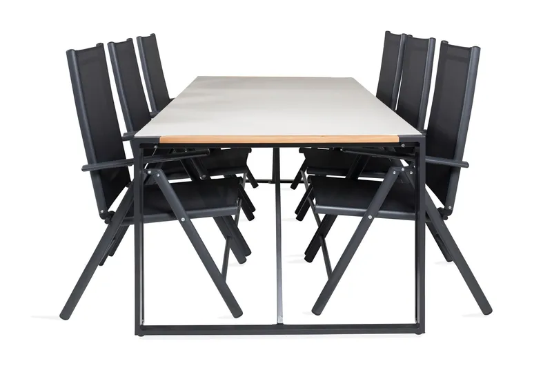 Texas Spisegruppe 200cm + 6 Break Posisjonsstoler, Svart/Grå