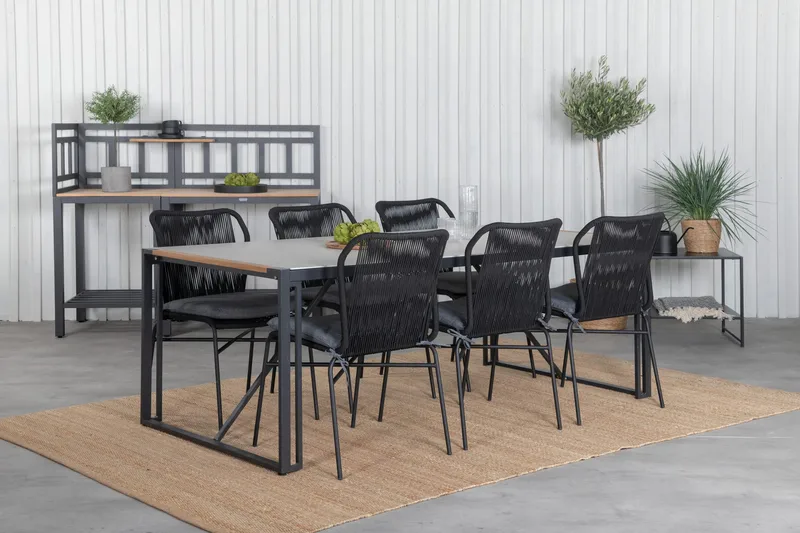 Texas Spisegruppe 200cm + 6 Julian Spisestoler, Svart/Grå