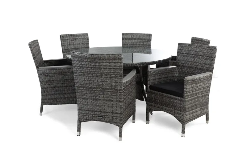 Thor Spisegruppe Ø140+4 Stoler Lyx m Armlener+Puter - Grå/Aintwood/Svart - Hagemøbler & utemiljø - Hagegruppe - Spisegrupper hage