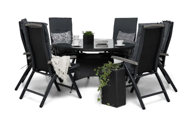 Thor Spisegruppe Ø140+6 Monaco Lyx Posisjonsstoler+Puter, Svart/Grå