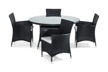 Thor Spisegruppe 140 Rund + 4 Thor Stoler m Pute - Svart/Grå - Hagemøbler & utemiljø - Hagegruppe - Spisegrupper hage