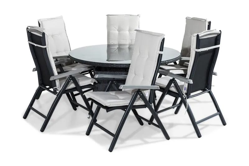 Thor Spisegruppe 140 Rund + 6 Monaco Posisjonsstol m Pute, Svart/Grå/Hvit