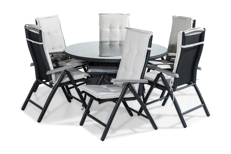 Thor Spisegruppe 140 Rund + 6 Monaco Posisjonsstol m Pute, Svart/Grå/Hvit