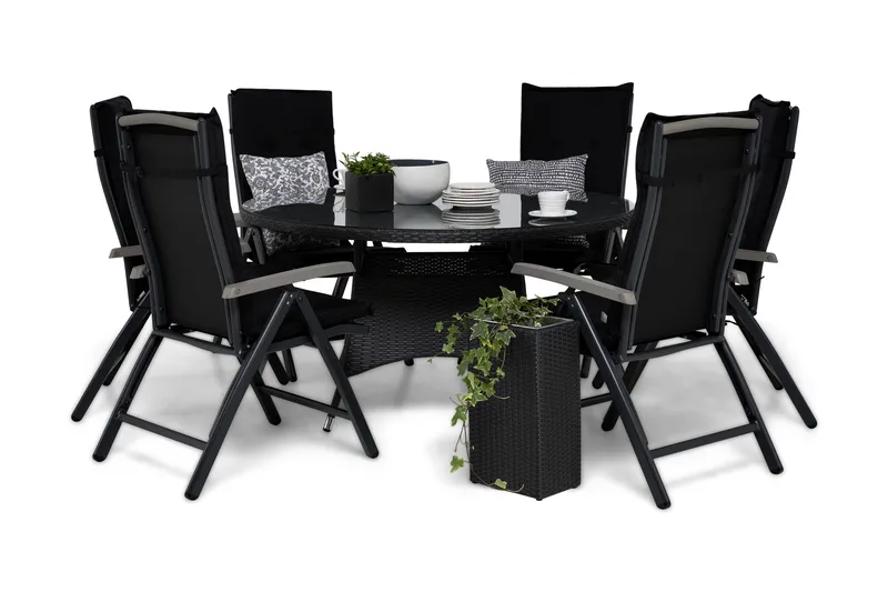 Thor Spisegruppe 140 Rund + 6 Monaco Posisjonsstol m Pute, Svart/Grå