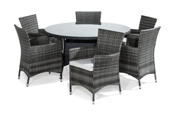 Thor Spisegruppe 140 Rund + 6 Thor Stoler m Pute - Svart/Grå - Hagemøbler & utemiljø - Hagegruppe - Spisegrupper hage