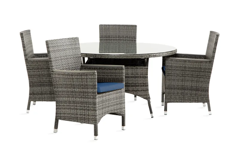 Thor Spisegruppe 140 Rund+4 Thor Lyx Stol m Armlene+Pute, Grå/Aintwood/Blå