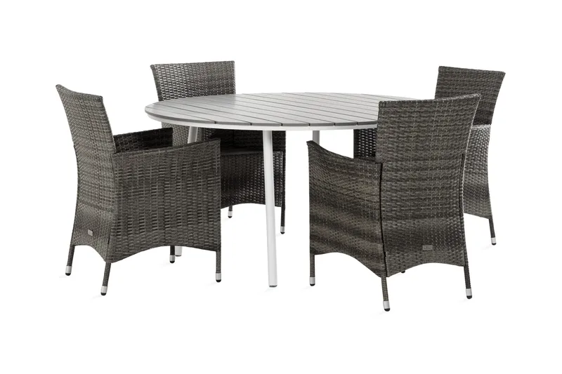 Tunis Spisegruppe 140 Rund + 4 Thor Lenestol, Hvit/Grå