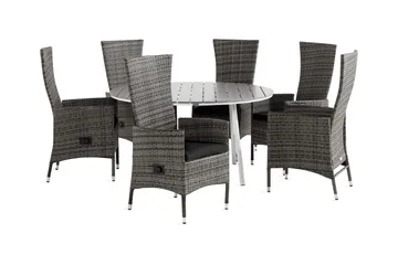 Tunis Spisegruppe 140 Rund + 6 Jenny Lenestol Stillbar m Put - Hvit/Grå/Svart - Hagemøbler & utemiljø - Hagegruppe - Spisegrupper hage