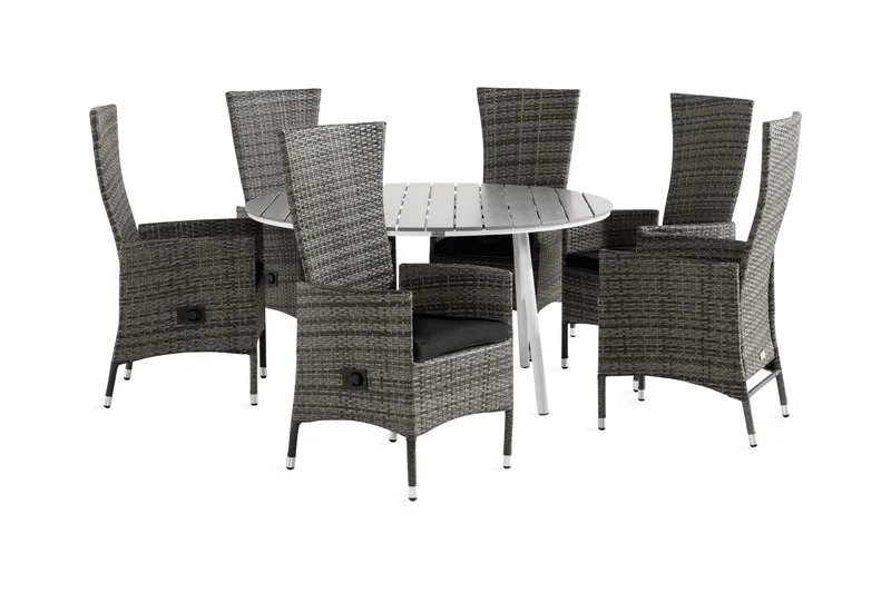 Tunis Spisegruppe 140 Rund + 6 Jenny Lenestol Stillbar m Put, Hvit/Grå/Svart