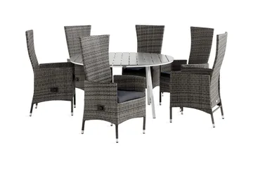 Tunis Spisegruppe 140 Rund + 6 Jenny Lenestol Stillbar m Put - Hvit/Grå - Hagemøbler & utemiljø - Hagegruppe - Spisegrupper hage