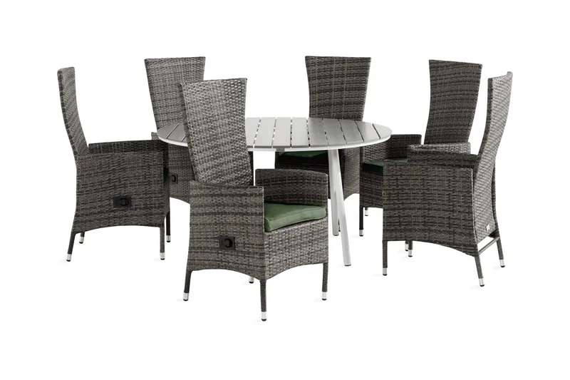 Tunis Spisegruppe 140 Rund + 6 Jenny Lenestol Stillbar m Put, Hvit/Grå/Grønn