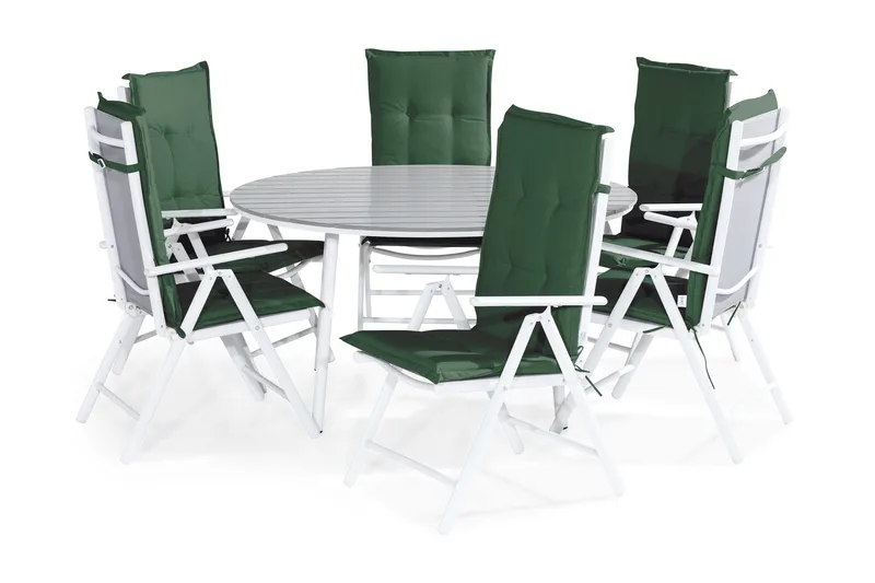 Tunis Spisegruppe 140 Rund + 6 Maggie Posisjonsstol m Pute, Hvit/Grå/Grønn