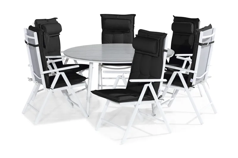 Tunis Spisegruppe 140 Rund + 6 Maggie Posisjonsstol m Pute, Hvit/Grå/Svart