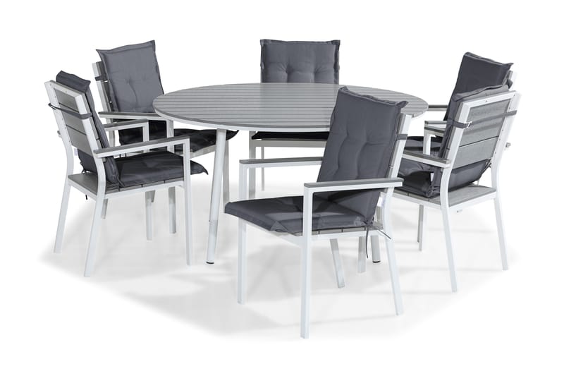 Tunis Spisegruppe 140 Rund + 6 Stablestoler m Pute, Hvit/Grå