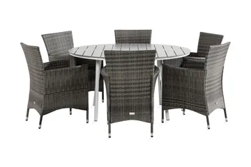 Tunis Spisegruppe 140 Rund + 6 Thor Lenestol - Hvit/Grå - Hagemøbler & utemiljø - Hagegruppe - Spisegrupper hage