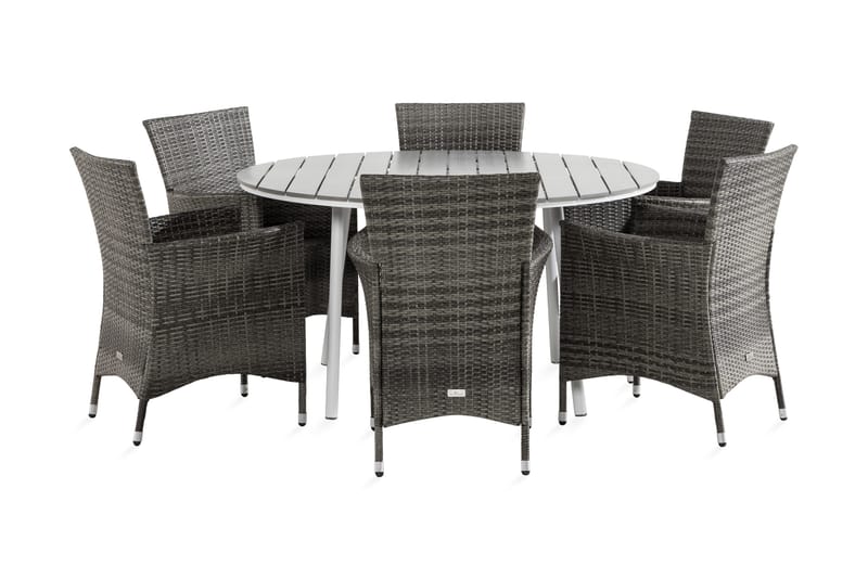 Tunis Spisegruppe 140 Rund + 6 Thor Lenestol, Hvit/Grå