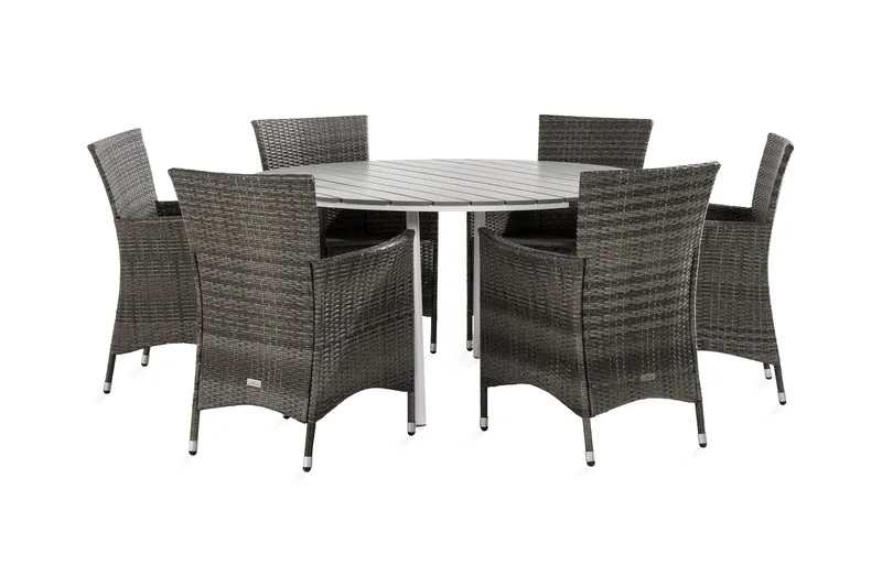 Tunis Spisegruppe 140 Rund + 6 Thor Lenestol - Hvit/Grå - Hagemøbler & utemiljø - Hagegruppe - Spisegrupper hage