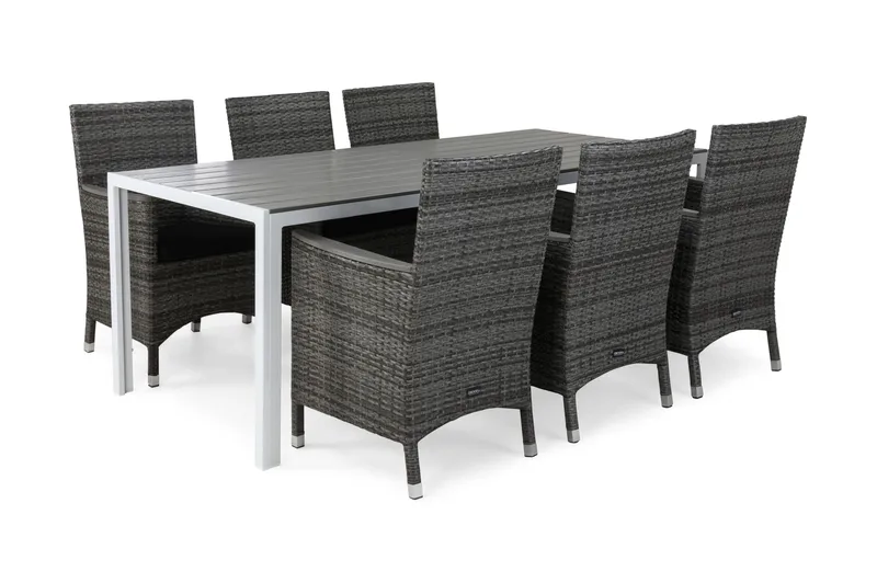 Tunis Spisegruppe 205 + 6 Thor Lenestol Lyx m Armlene m Pute, Hvit/Grå/Aintwood/Svart