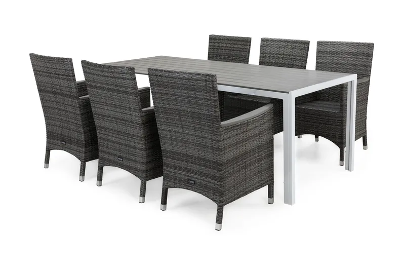 Tunis Spisegruppe 205+6 Thor Stoler Lyx m Armlener - Hvit/Grå/Aintwood - Hagemøbler & utemiljø - Hagegruppe - Spisegrupper hage