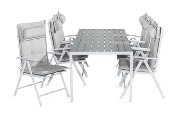 Tunis Spisegruppe 205x90 + 6 Maggie Posisjonsstol m Pute - Hvit/Grå/Offwhite - Hagemøbler & utemiljø - Hagegruppe - Spisegrupper hage