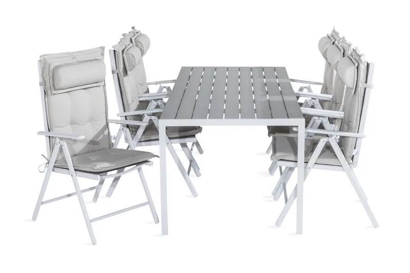 Tunis Spisegruppe 205x90 + 6 Maggie Posisjonsstol m Pute, Hvit/Grå/Offwhite