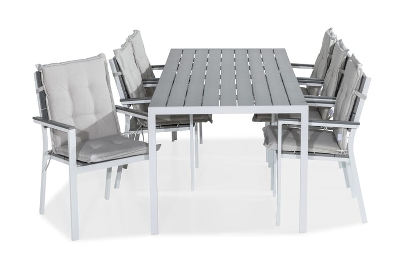Tunis Spisegruppe 205x90 + 6 Tunis Stablestol m Pute, Hvit/Grå/Offwhite